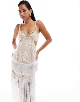 ASOS DESIGN cupped embellished cut out maxi dress with fringing in stone