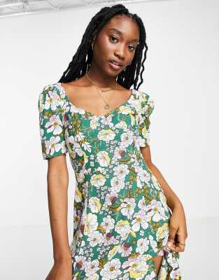 Asos Design Cupped Maxi Dress With Slits In Green Based Floral Print-multi  | ModeSens