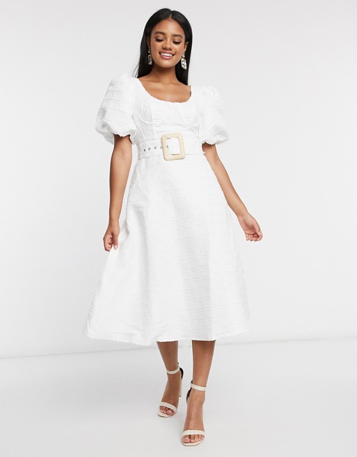 ASOS DESIGN cupped midi dress with belt and puff sleeves in texture in white