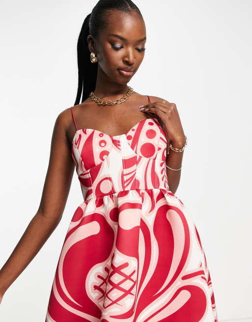 ASOS DESIGN cupped midi prom dress in pink oversized paisley print