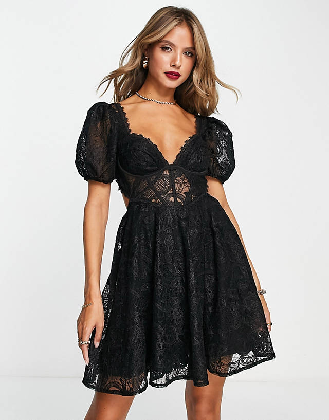 ASOS DESIGN cupped mini dress with lace up back in black