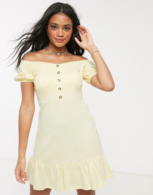 ASOS DESIGN cupped off the shoulder tiered mini dress in lemon