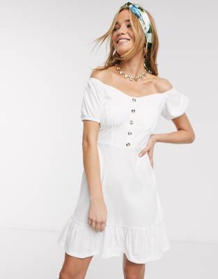 ASOS DESIGN cupped off the shoulder tiered mini dress in white