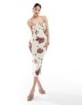 [ASOS DESIGN] ASOS DESIGN cupped panelled linen look midi pencil dress with cut out detail in floral print-Multi 18 Stone floral