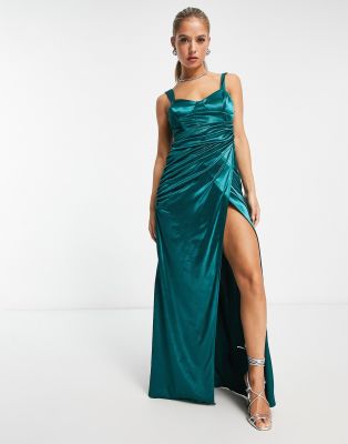 Asos Design Cupped Ruched High Split Satin Maxi Dress In Teal-green