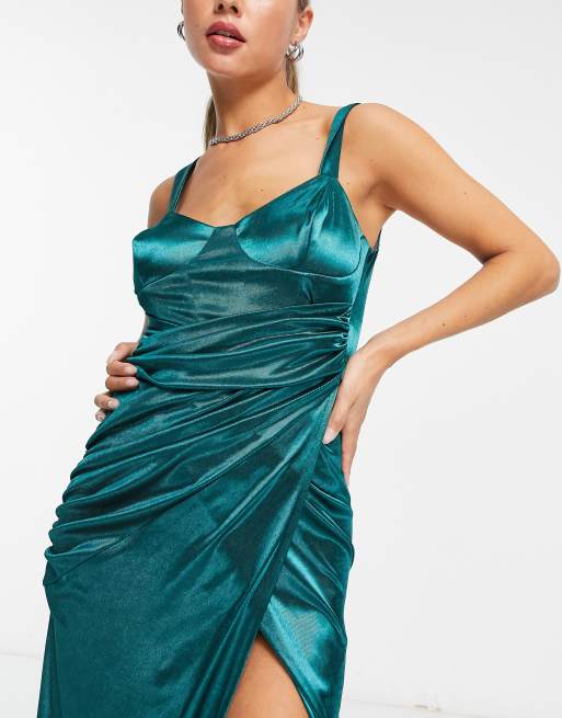 Romancing Teal Green Satin Bandeau Corset Detail Maxi Dress – Club L London  - AUS