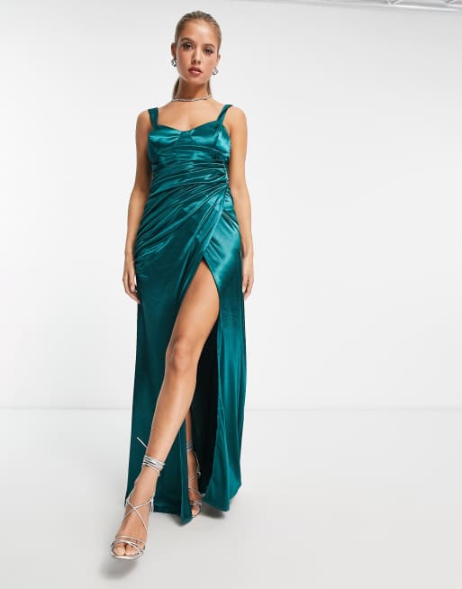 ASOS DESIGN cupped ruched high split satin maxi dress in teal