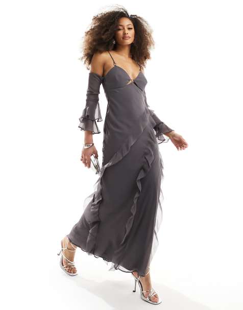 ASOS DESIGN cupped ruffle bias maxi dress with hardware detail in charcoal grey - view 1