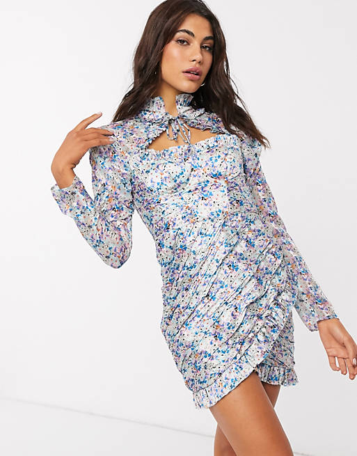 ASOS DESIGN cupped structured ruched mini dress with tie neck in mixed ditsy floral