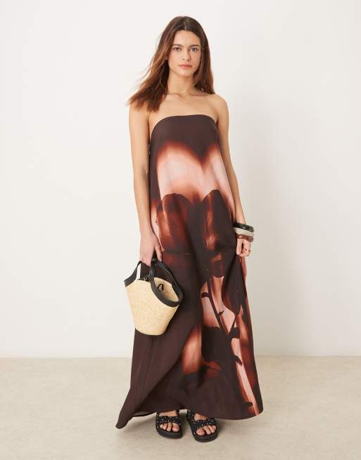 ASOS DESIGN cupro bandeau maxi dress in burgundy blown out floral print