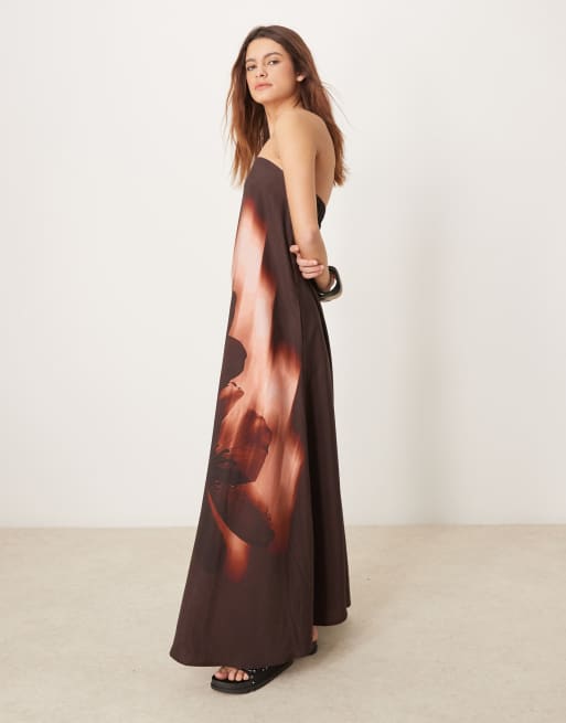 ASOS DESIGN cupro bandeau maxi dress in burgundy blown out floral print