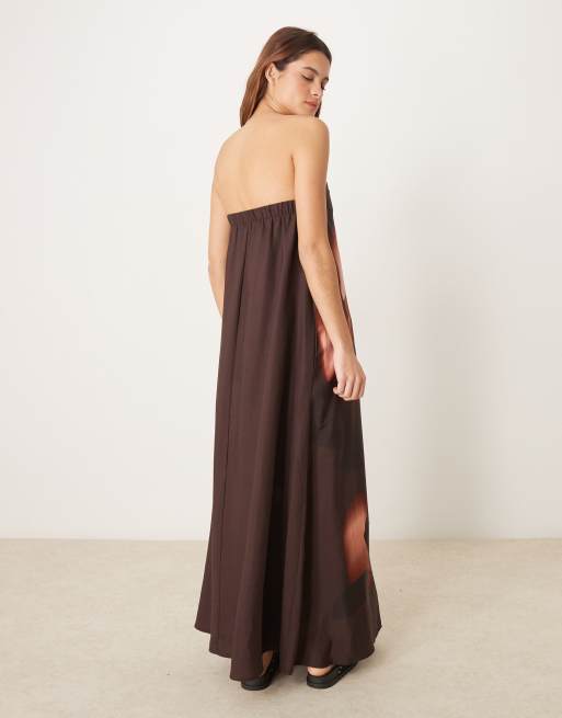 ASOS DESIGN cupro bandeau maxi dress in burgundy blown out floral print