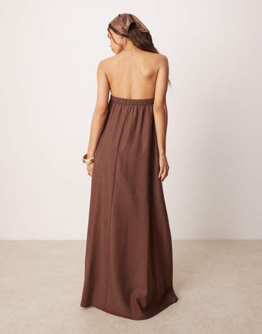 ASOS DESIGN cupro bandeau maxi dress in chocolate