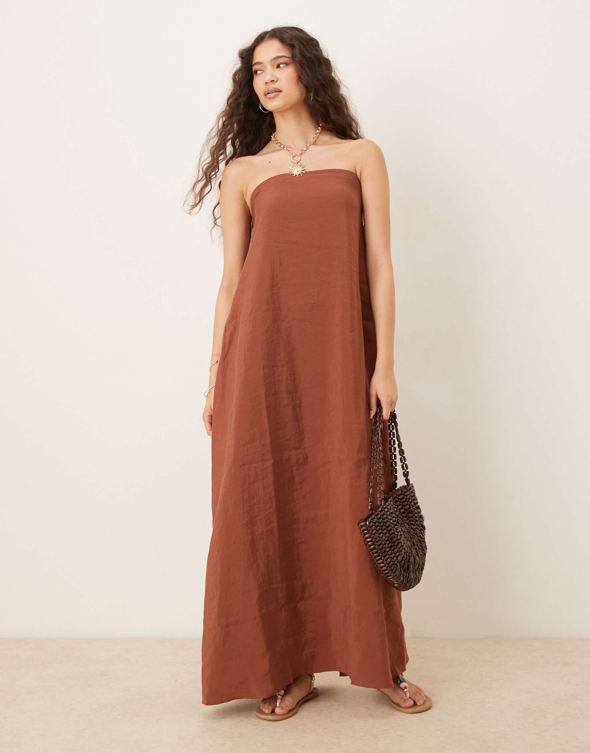 asos design cupro bandeau maxi dress in chocolate