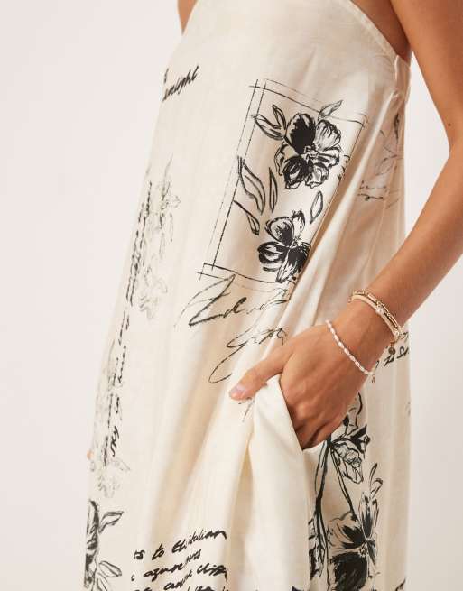 ASOS DESIGN cupro bandeau maxi dress in conversational black and white print
