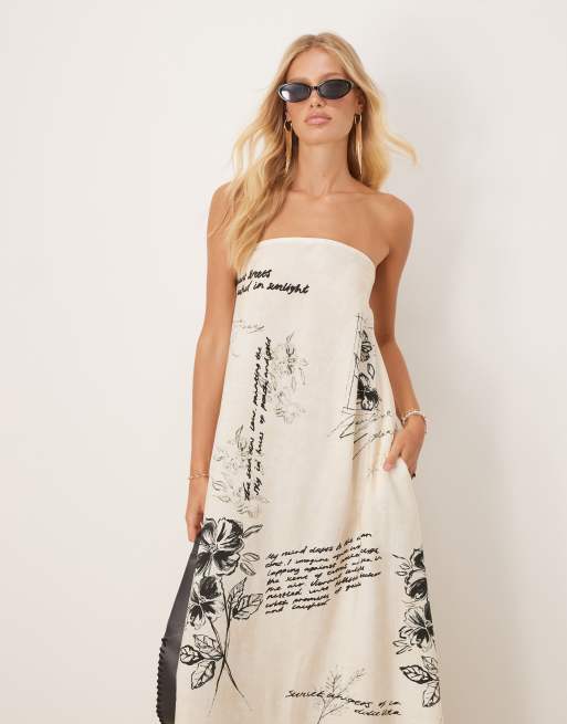 ASOS DESIGN cupro bandeau maxi dress in conversational black and white print