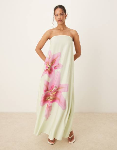 ASOS DESIGN cupro bandeau maxi dress in green and pink tropical floral print - view 1