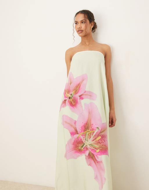 ASOS DESIGN cupro bandeau maxi dress in green and pink tropical floral print