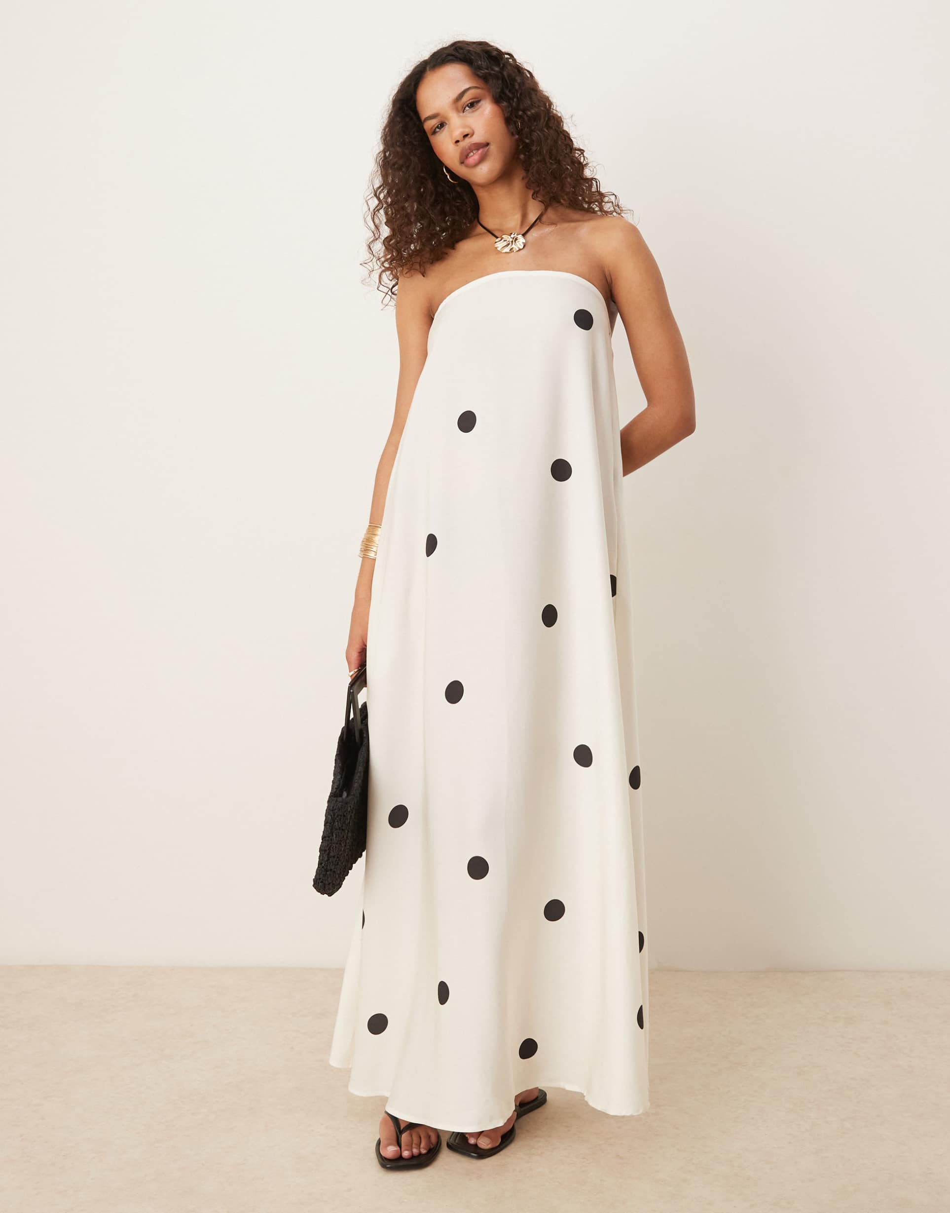asos design cupro bandeau maxi dress in mono dot print