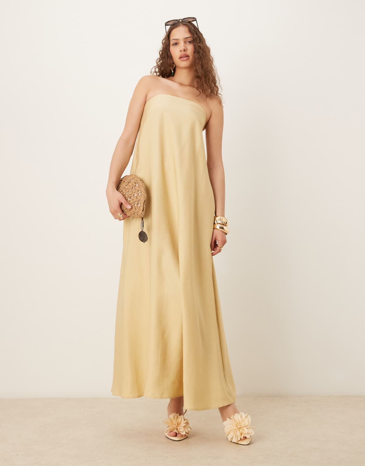 ASOS DESIGN cupro bandeau maxi dress in stone