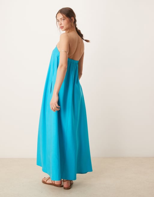 ASOS DESIGN cupro bandeau maxi dress in turquoise