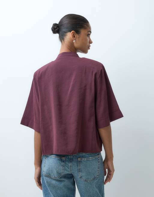 ASOS DESIGN cupro button through t-shirt with shoulder pads in burgundy, 2 of 5