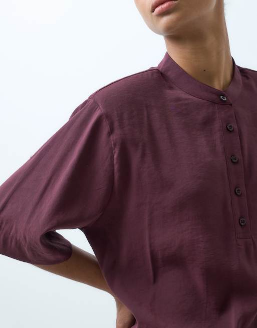 ASOS DESIGN cupro button through t-shirt with shoulder pads in burgundy, 3 of 5