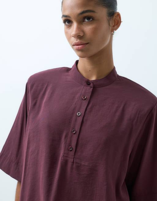 ASOS DESIGN cupro button through t-shirt with shoulder pads in burgundy, 5 of 5