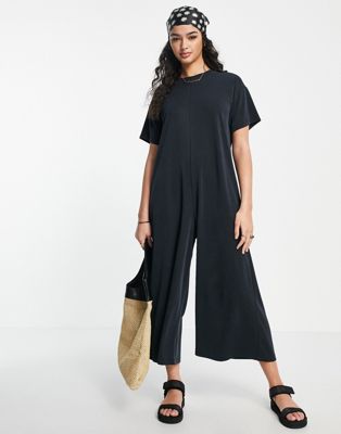 ASOS DESIGN cupro chuck on smock jumpsuit in charcoal