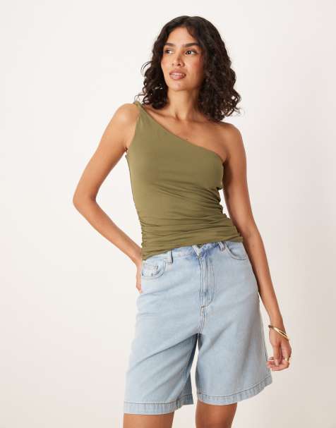 ASOS DESIGN cupro cinched asymmetric draped top in olive - view 1