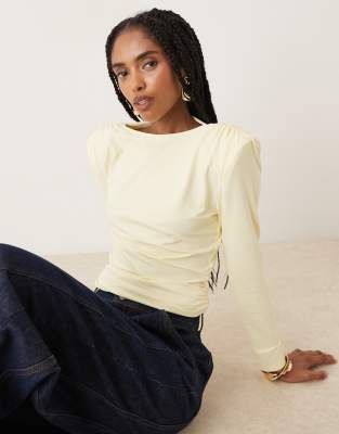 ASOS DESIGN cupro cinched shoulder pad top with long sleeve detail in brown-Yellow
