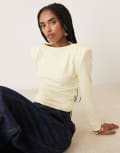 [ASOS DESIGN] ASOS DESIGN cupro cinched shoulder pad top with long sleeve detail in brown-Yellow S BROWN