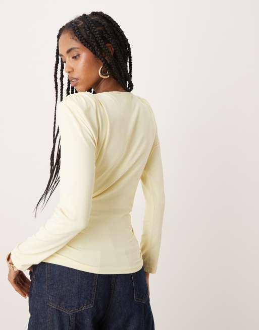 ASOS DESIGN cupro cinched shoulder pad top with long sleeve detail in brown