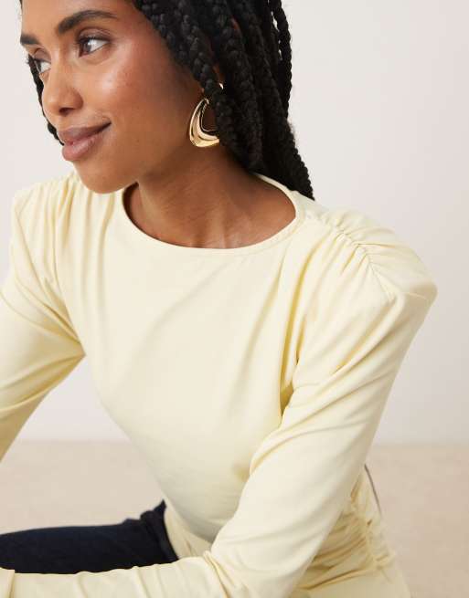ASOS DESIGN cupro cinched shoulder pad top with long sleeve detail in brown