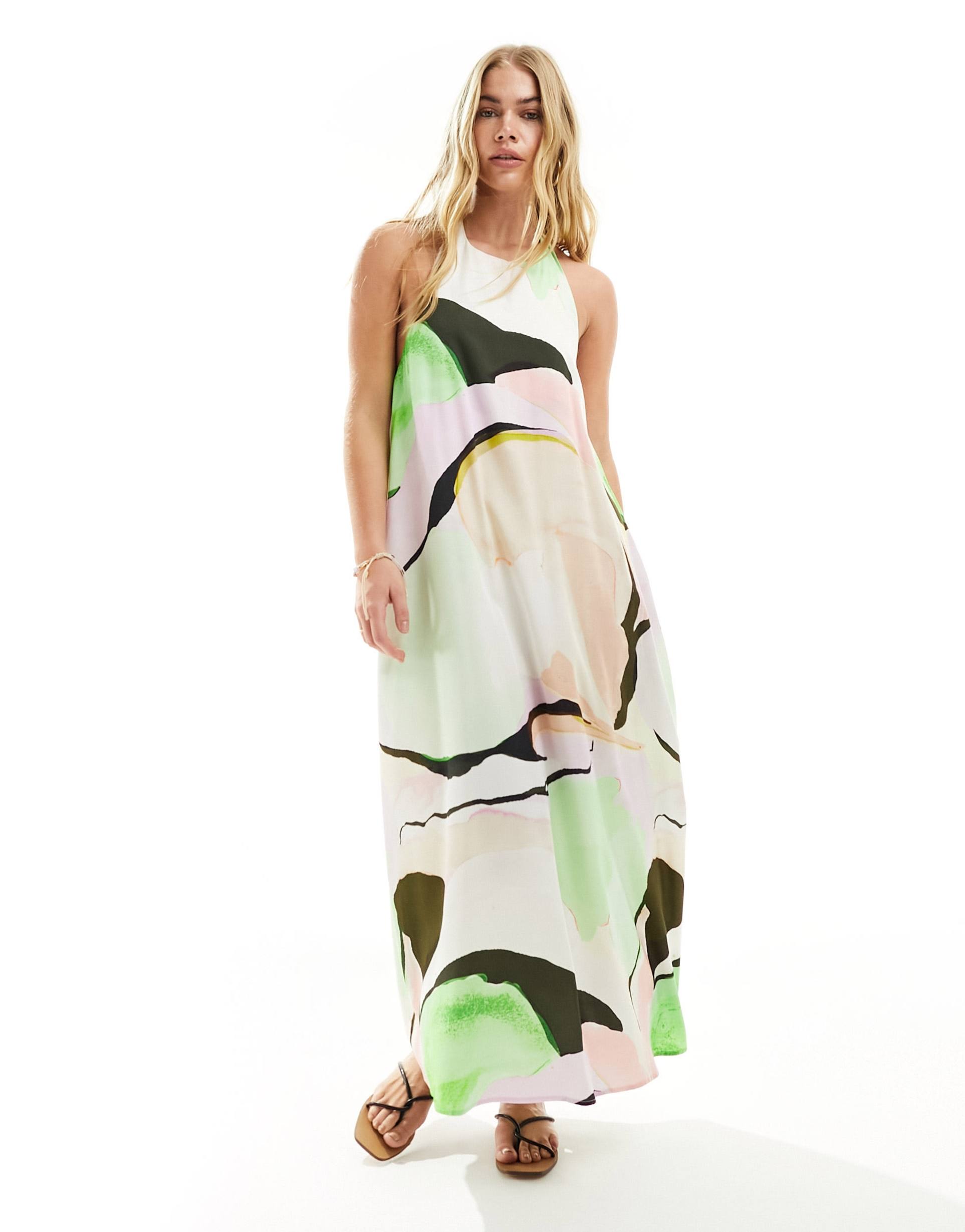 asos design cupro clean halter maxi sundress in bright abstract print