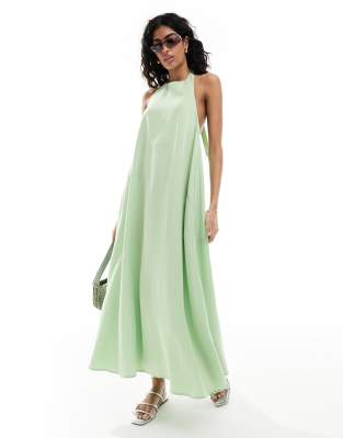 ASOS DESIGN high neck maxi dress with wrap waist and fluted sleeves in  dusky blue