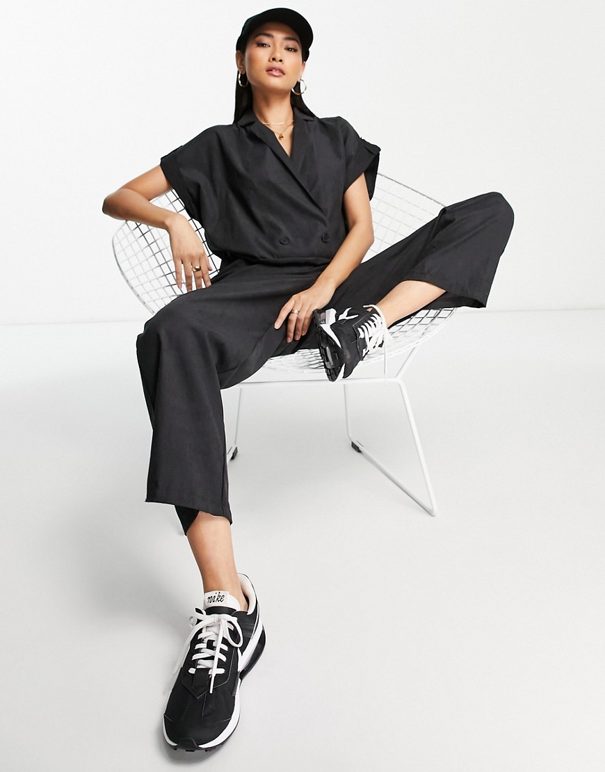 ASOS DESIGN CUPRO DOUBLE BREASTED JUMPSUIT IN BLACK