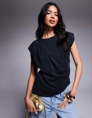 Asos Design Cupro Drape Detail Short Sleeve T-shirt In Black