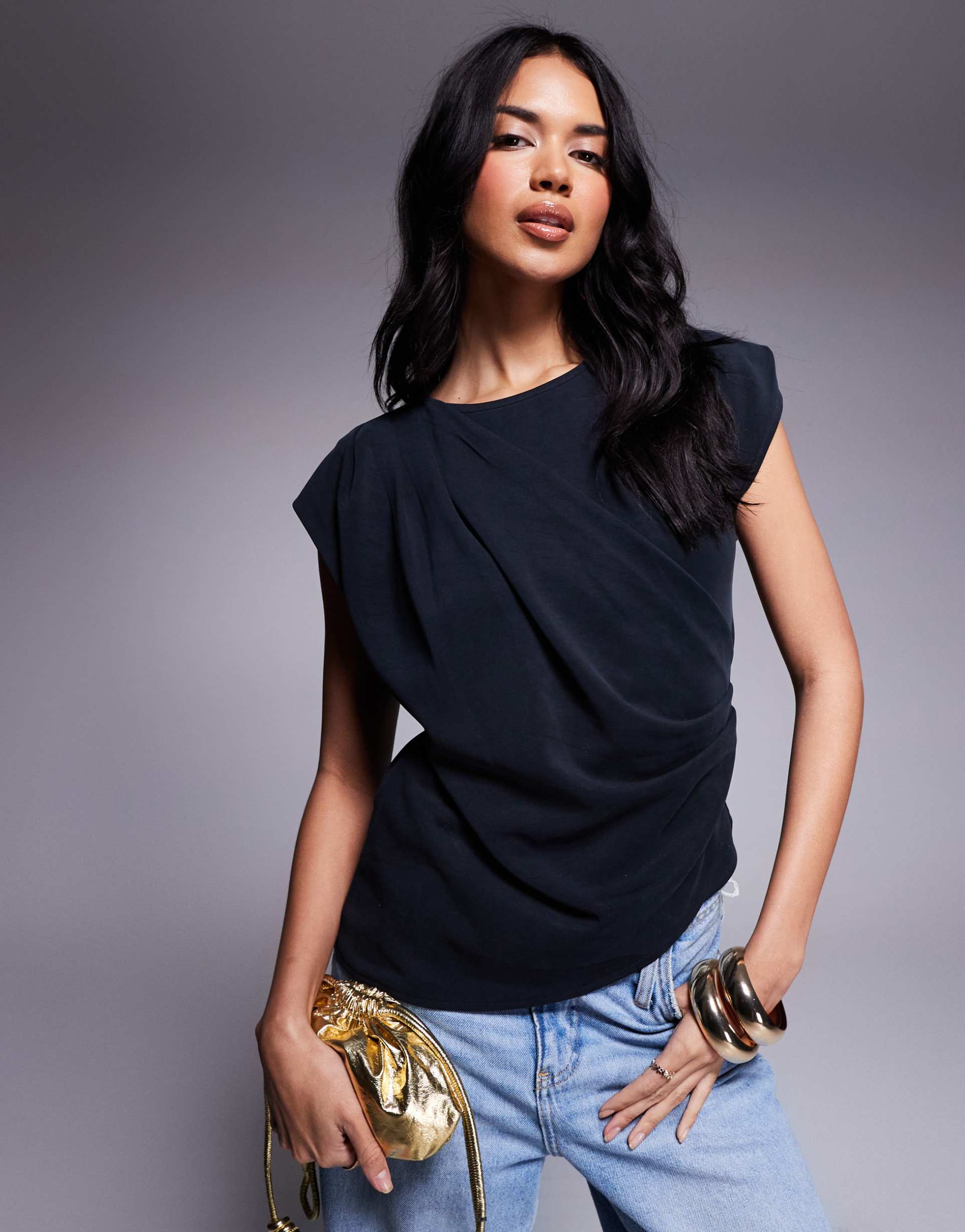 asos design cupro drape detail short sleeve t-shirt in black