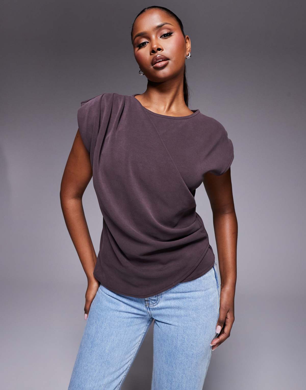 ASOS DESIGN cupro drape detail short sleeve t-shirt in brown
