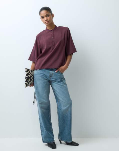 ASOS DESIGN Cupro-Durchgeknöpftes T-Shirt mit Schulterpolstern in Burgunderrot - view 1