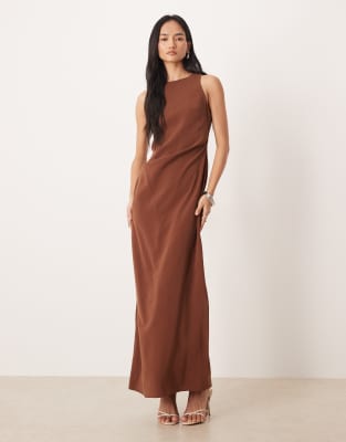ASOS DESIGN - Cupro-Maxikleid in Schokobraun mit Ringerrücken und Biesen-Grau