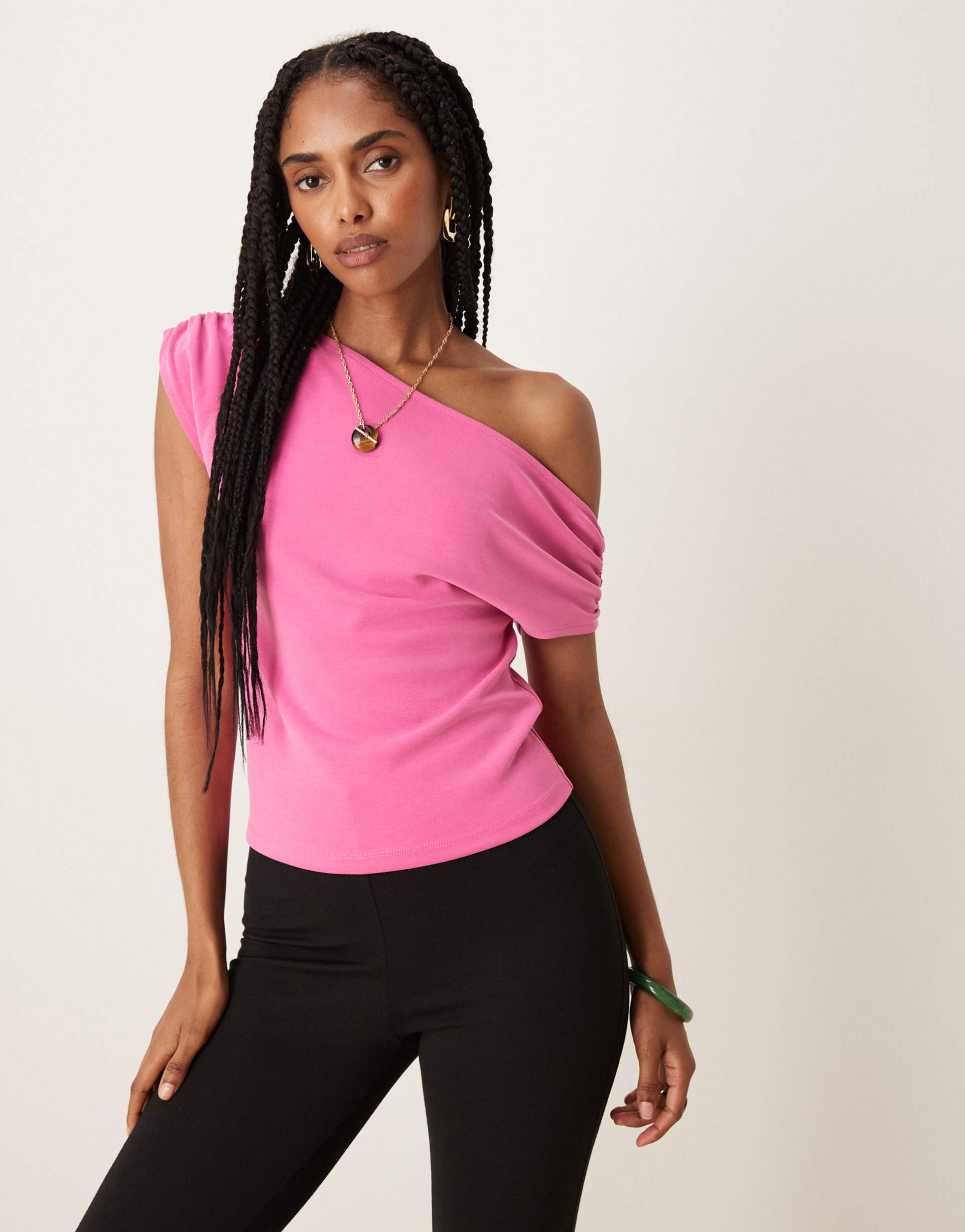 asos design cupro off shoulder ruched top in pink