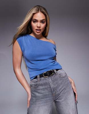 Asos Design Cupro Off-shoulder Tee In Blue