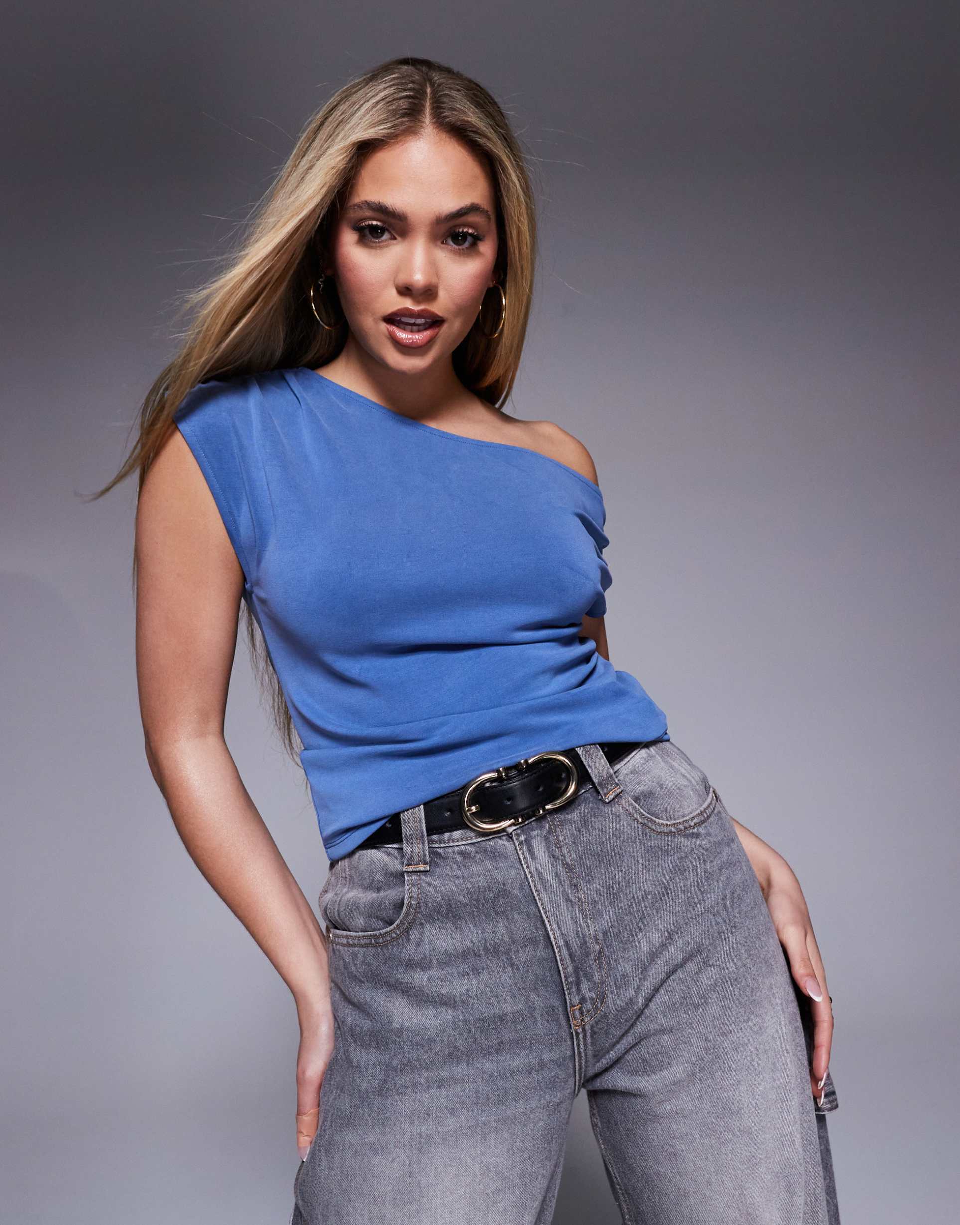 asos design cupro off-shoulder tee in blue