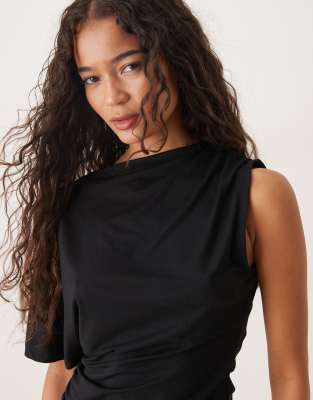 Asos Design Cupro One Shoulder Cape Top In Black
