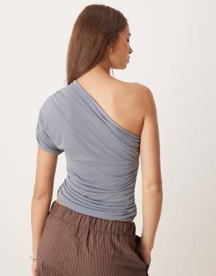 Asos Design Cupro One-shoulder Ruched Top-no Color In Blue
