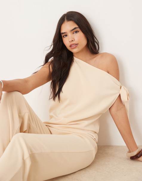 ASOS DESIGN cupro one shoulder tie detail top co-ord in buttermilk - view 1