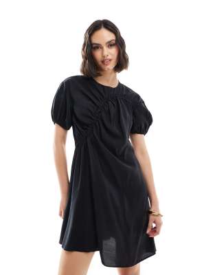 Asos Design Cupro Puff Sleeve Mini Smock Dress With Ruching Detail In Black