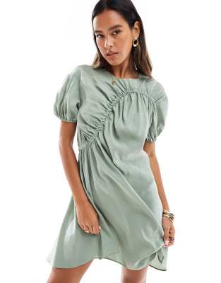 Asos Design Cupro Puff Sleeve Mini Smock Dress With Ruching Detail In Sage Green